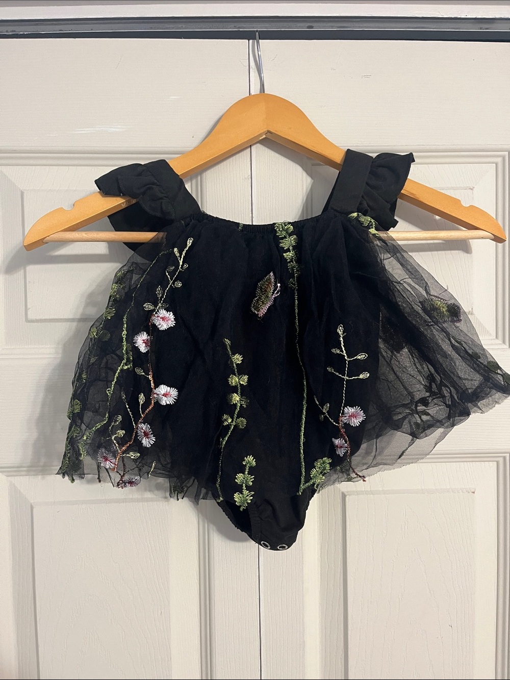 Black Floral Embroidered Tulle One-Piece for Kids